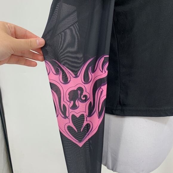 Barbie Top Womens L large Black Cropped Logo Mesh Long Sleeve Y2K Layered *READ - Picture 6 of 14